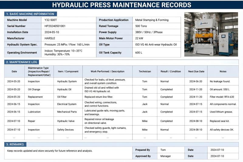 Hydraulic Press Maintenance Records