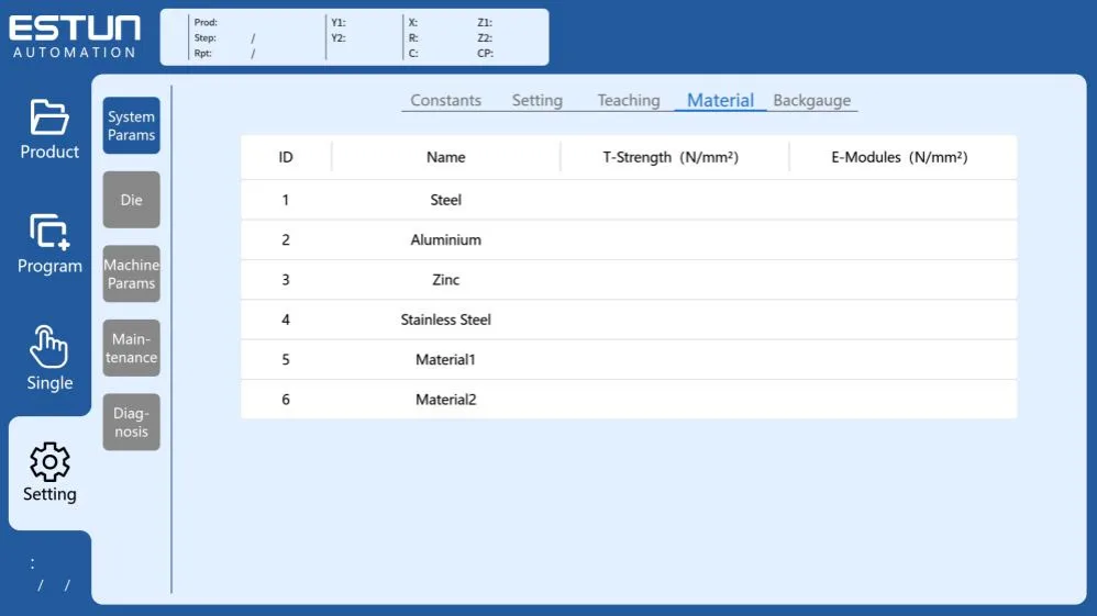 ESTUN E315P Material Setup