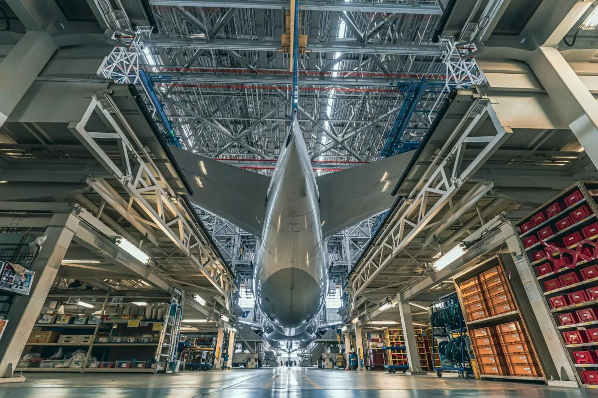 Aircraft under assembly in a hangar
