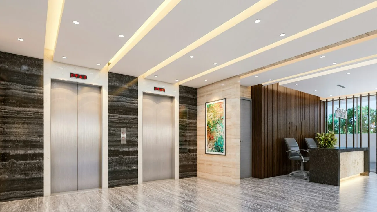 Stainless steel elevator doors in a lobby